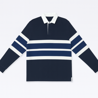 Men’s Navy & White Striped Rugby Polo Shirt – Long Sleeve Casual Wear